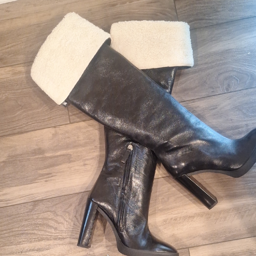 Zara Black Over the Knee Boots with Cream Cuff